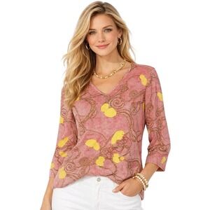 J. McLaughlin Catalina Cloth Top Sz S Red Shell Rope Print 3/4 Sleeve Stretch